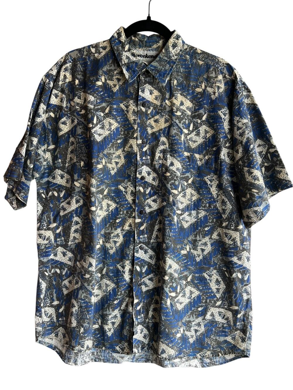Weekends Men's Vintage Blue Paisley Camp Hawaiian Button Up Shirt Size Large
